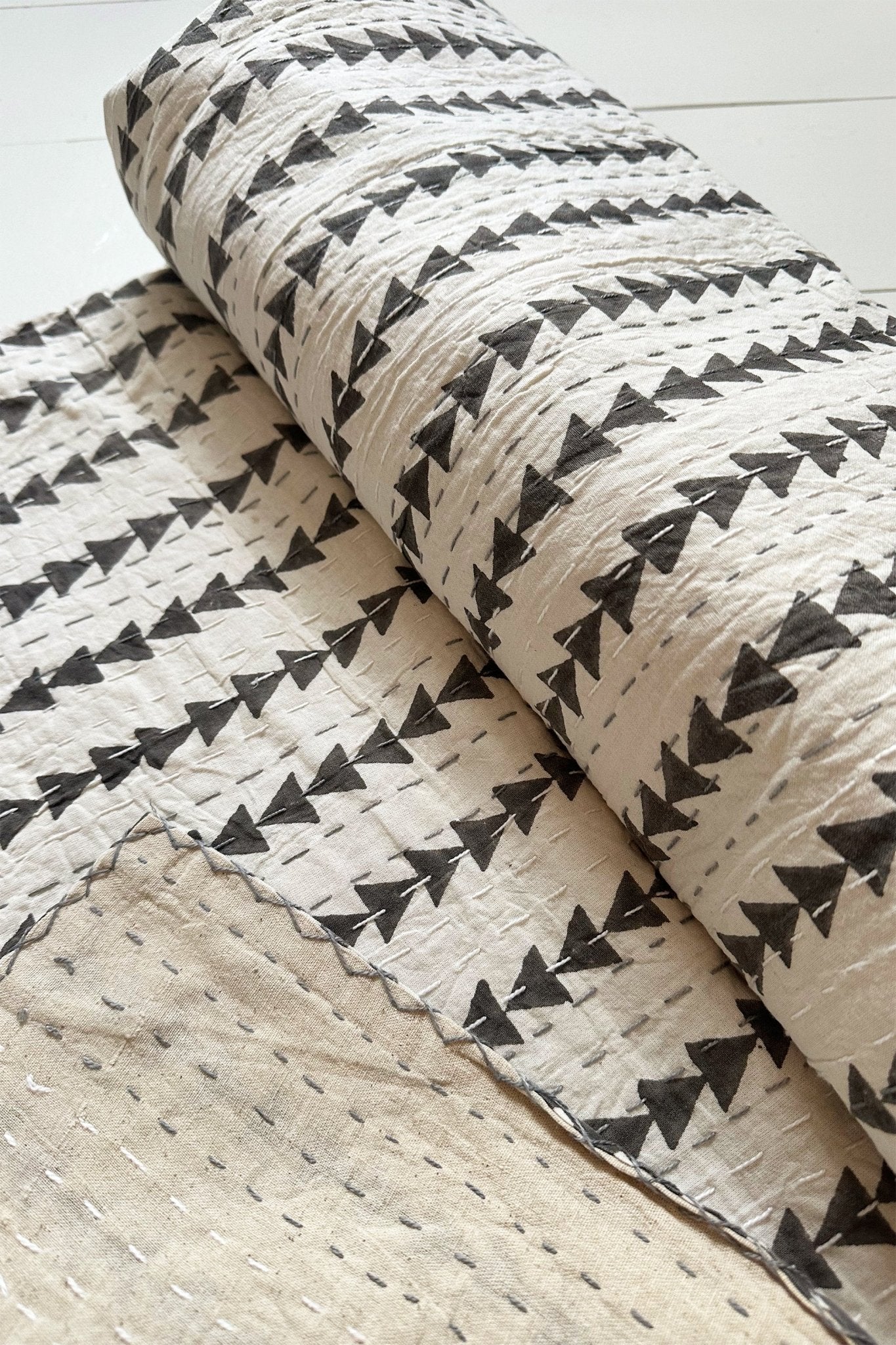 Black and White Triangle Print King Size Kantha Bedspread - Biggs & Hill - Bedspread - Bedspread - black - blanket