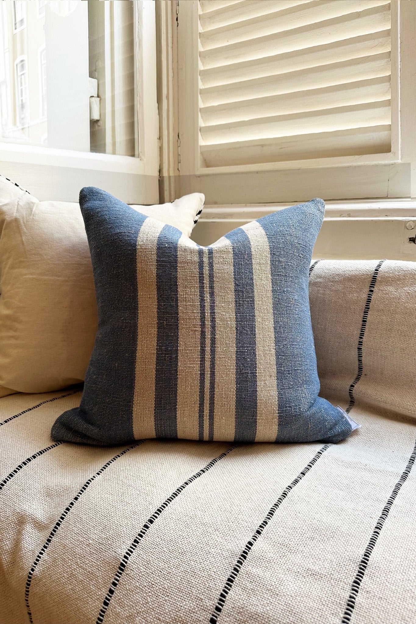 Blue Striped Coastal Boho Jute and Cotton Cushion Cover - Biggs & Hill - Cushion Covers - 18 inch - 45cm - black