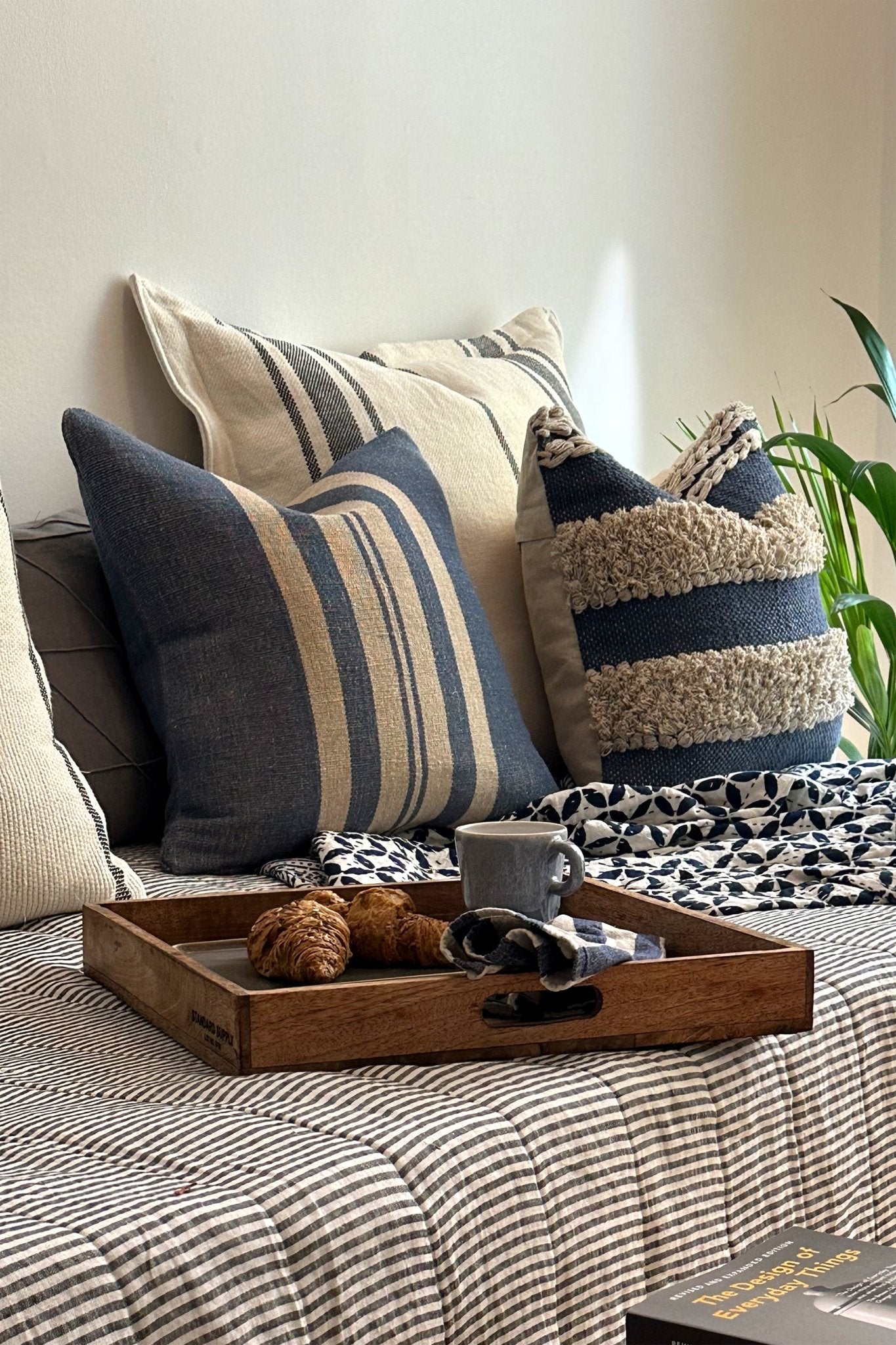 Blue Striped Coastal Boho Jute and Cotton Cushion Cover - Biggs & Hill - Cushion Covers - 18 inch - 45cm - black