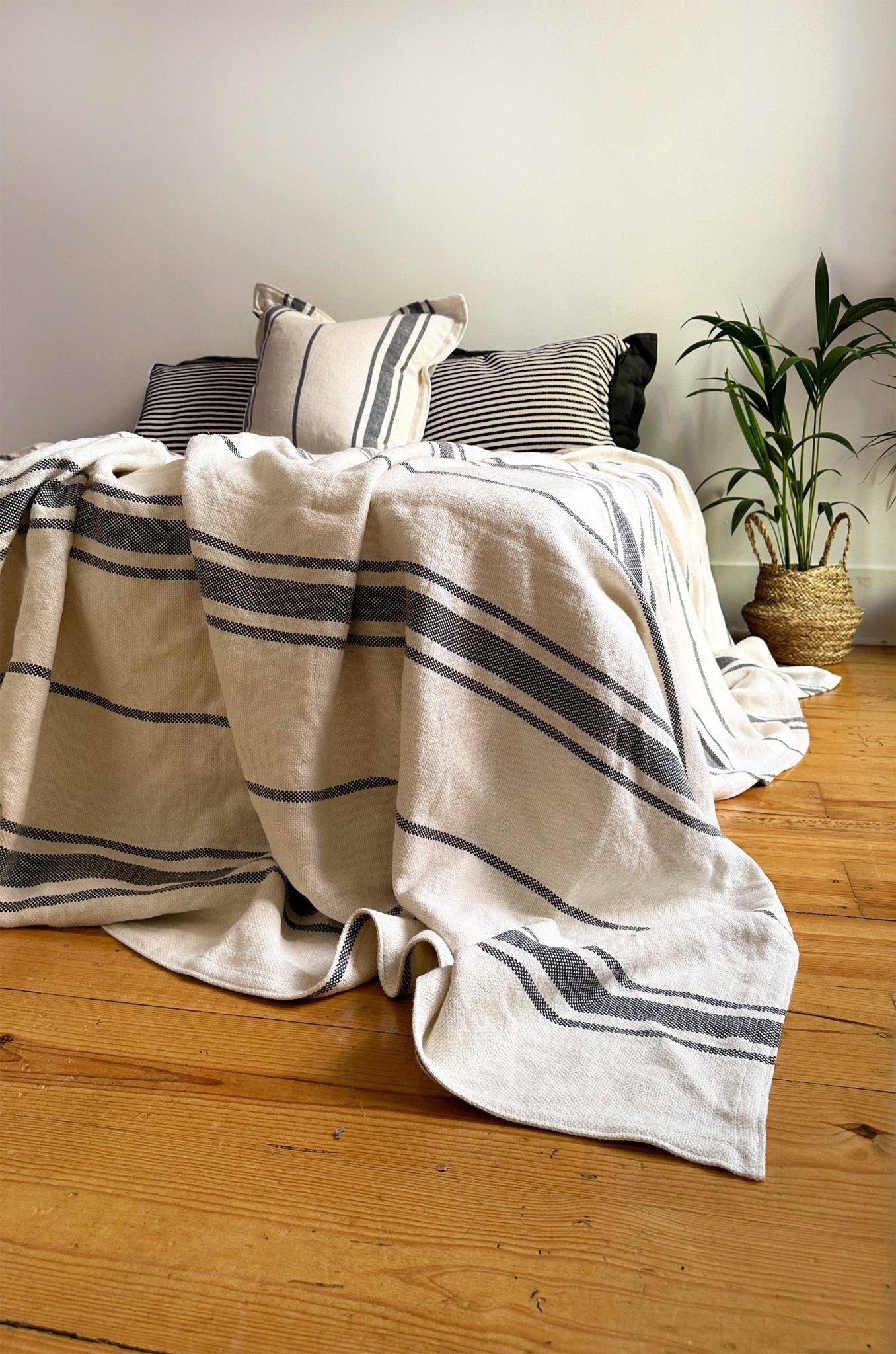 Striped Heavy Linen Bed Throw Blanket in Grey and Cream - Biggs & Hill - Blanket - Bedspread - blanket - charcoal