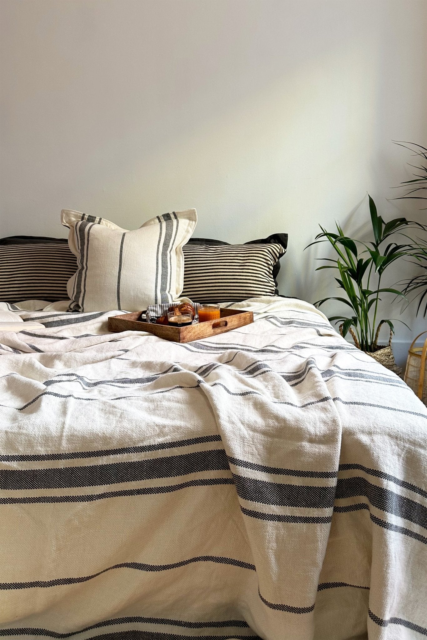 Striped Linen Bed Throw Blanket in Grey and Cream - Biggs & Hill - Blanket - Bedspread - blanket - charcoal