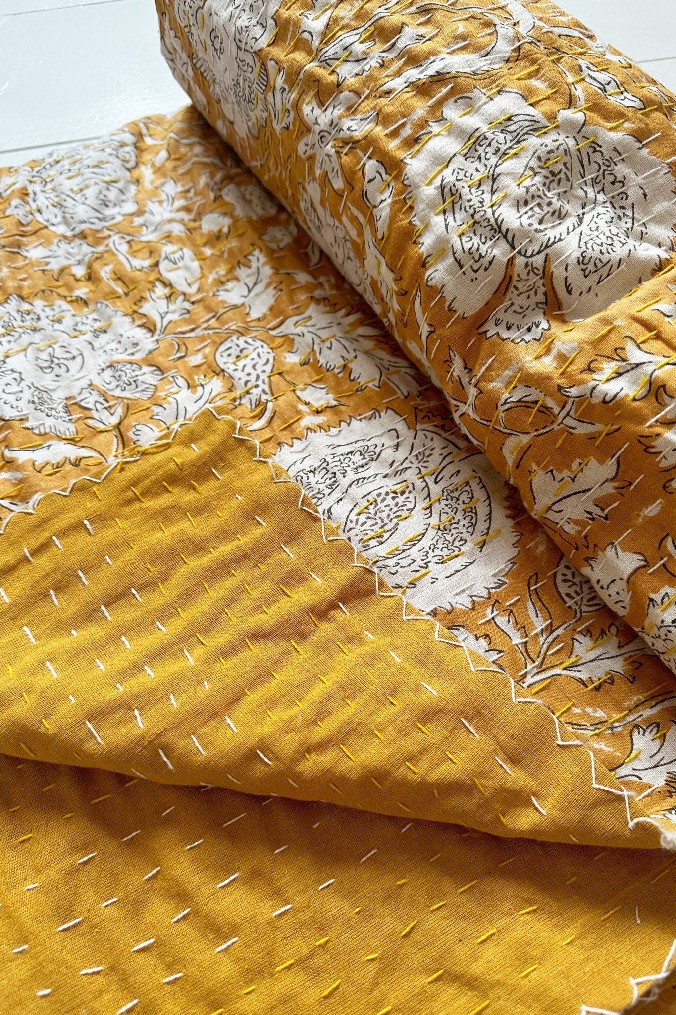Mustard Hand Printed King Size Kantha Bedspread - Biggs & Hill - Bedspread - Bedspread - blanket - boho
