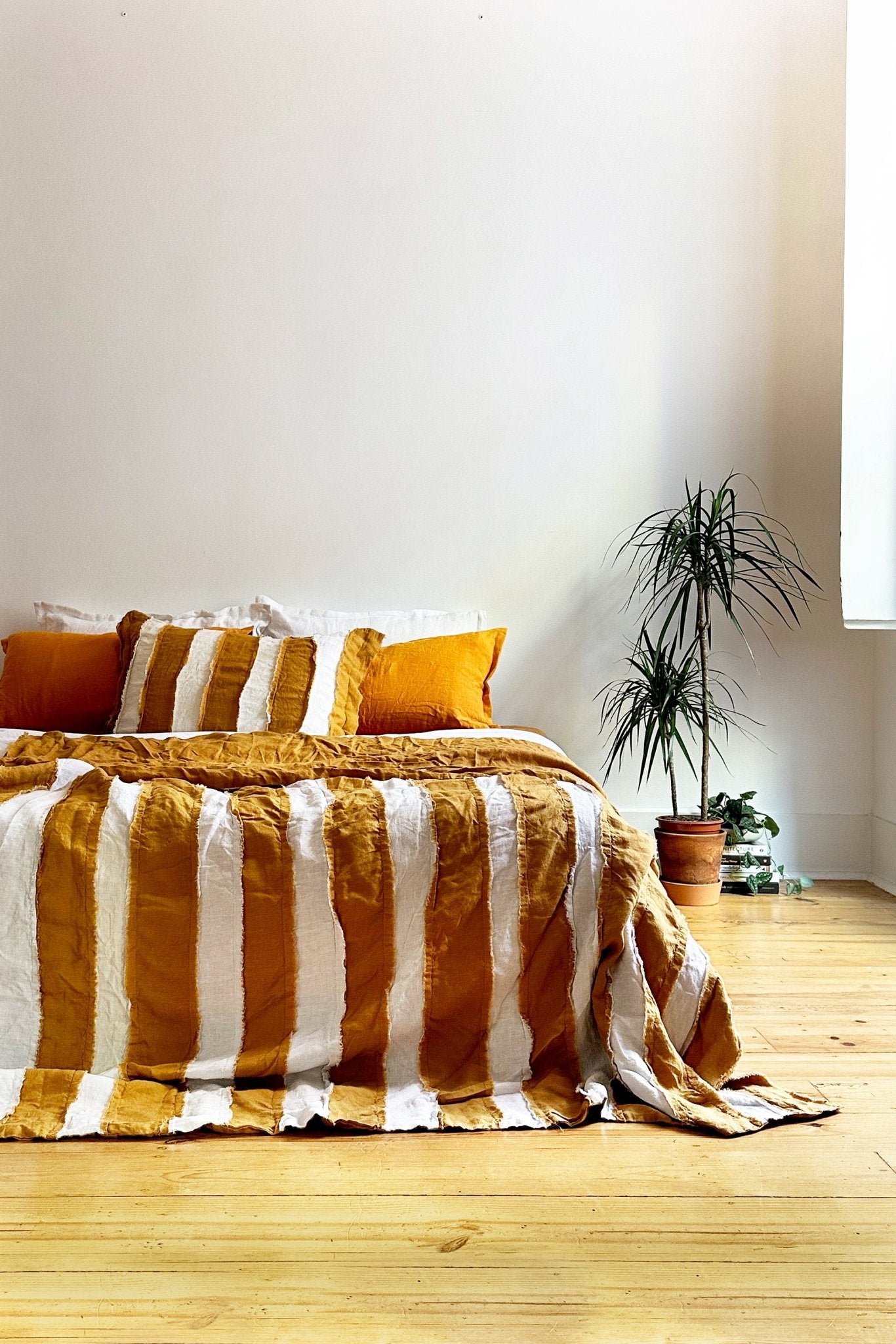 Mustard and White Striped Linen Bedspread - Biggs & Hill - pre-order - -