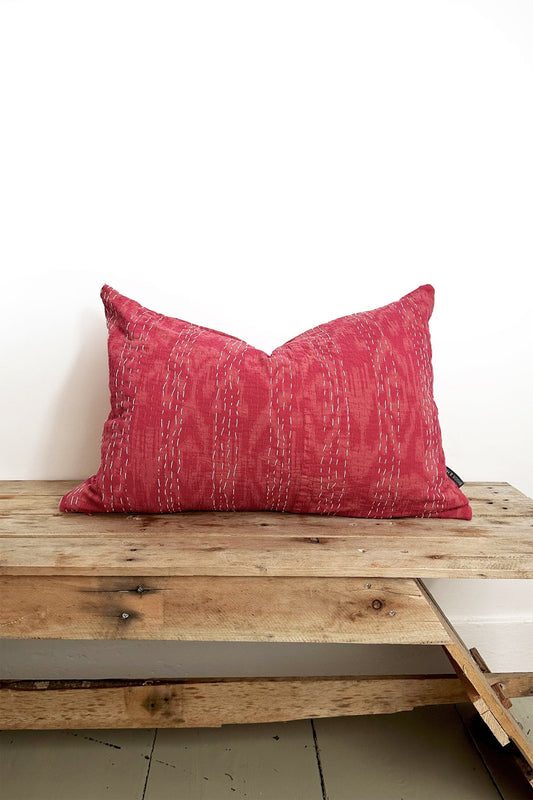 Pink Kantha Stitch Lumbar Cushion Reversible Boho Ikat Print - Biggs & Hill - Cushion Covers - boho pattern cushion - cushion cover - fuschia cushion