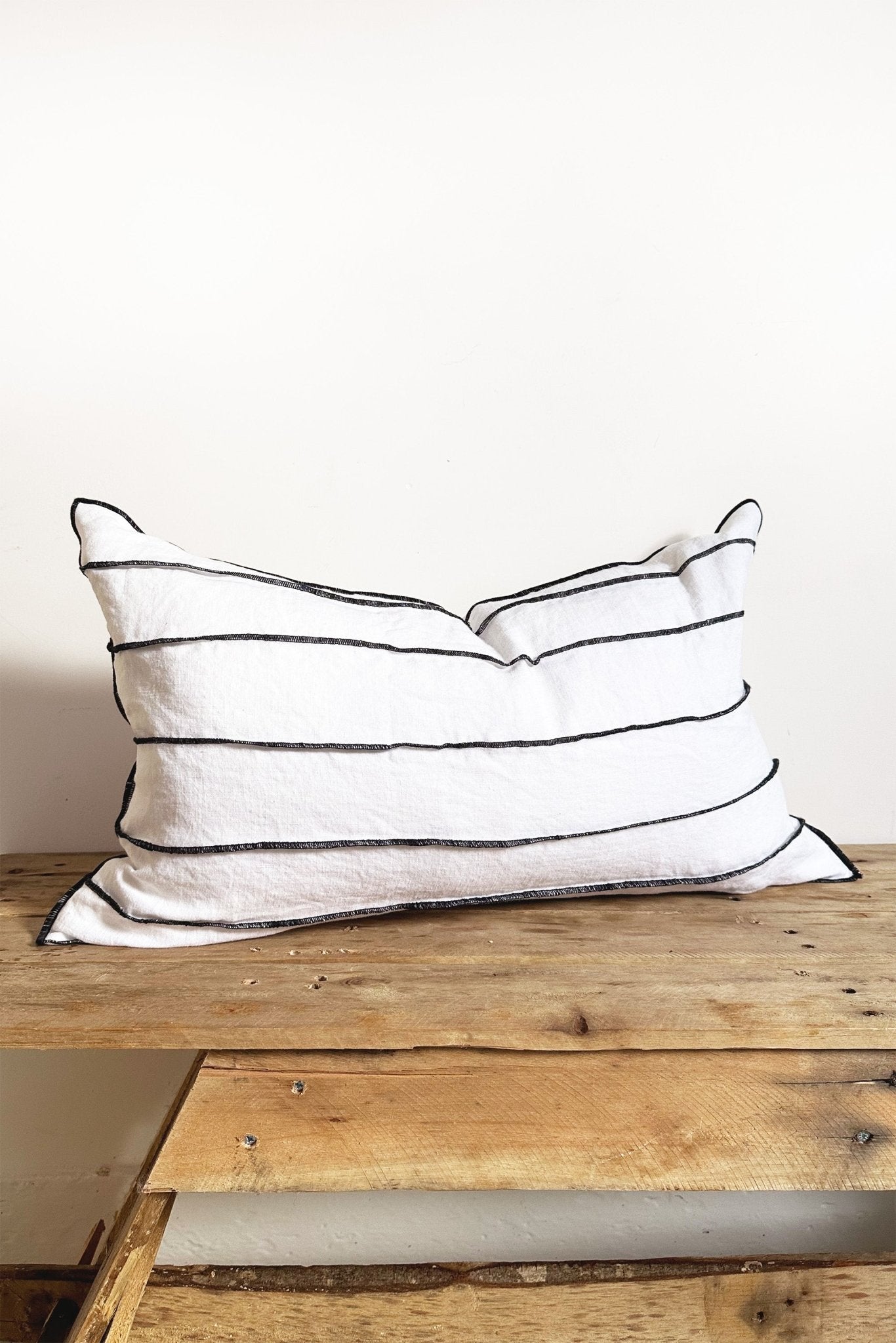 White Linen Lumbar Cushion With Horizontal Black Pinstripes - Biggs & Hill - Cushion Covers - 16 inch - 40cm - 60cm
