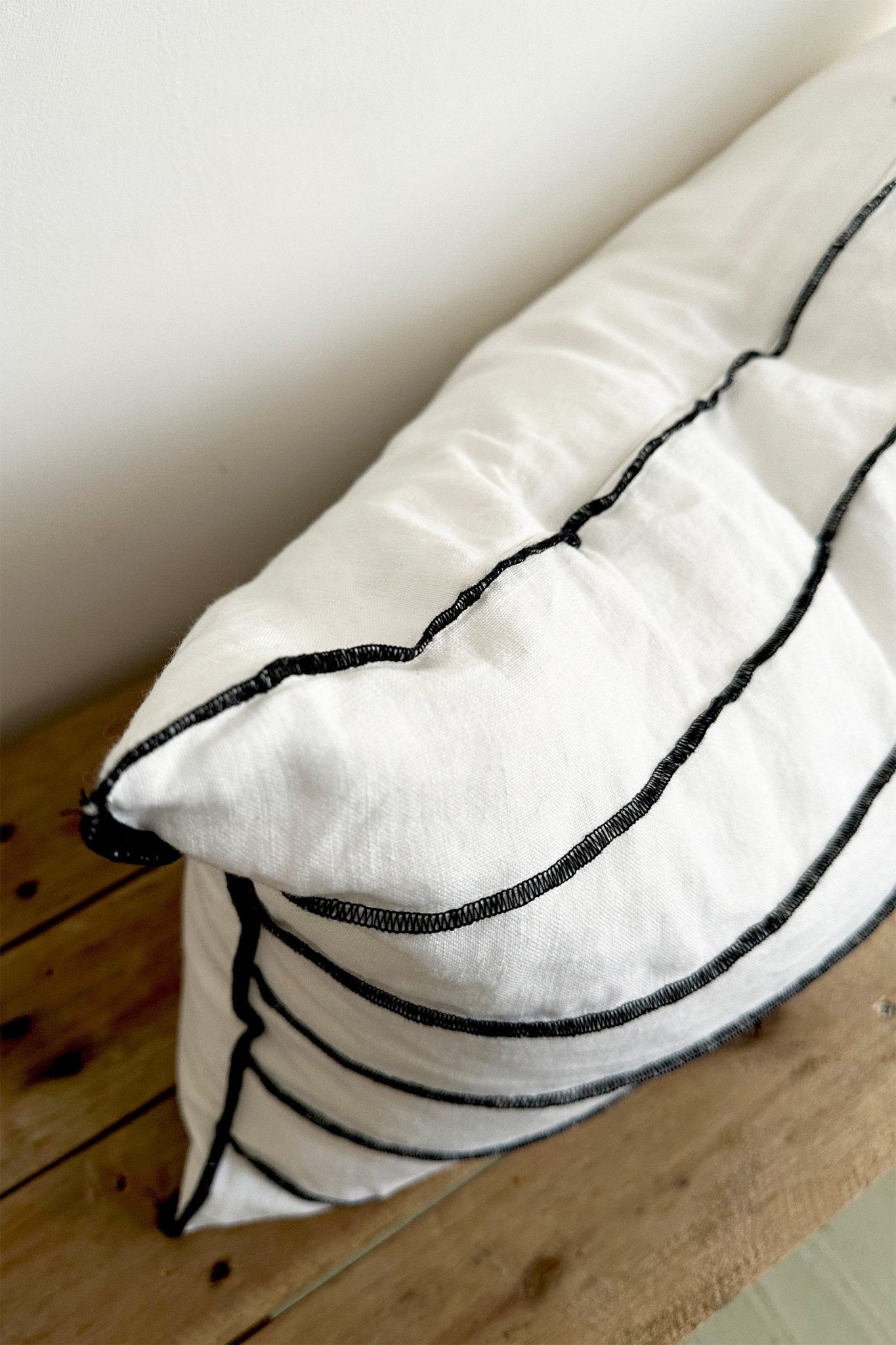 White Linen Lumbar Cushion With Horizontal Black Pinstripes - Biggs & Hill - Cushion Covers - 16 inch - 40cm - 60cm