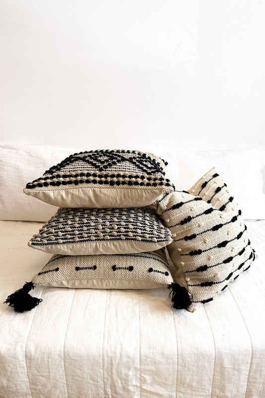 Set of 4 Cream and Black Textured Boho Cushions - Biggs & Hill - Cushion Covers - 4 cushions - 45cm - beige black cushions