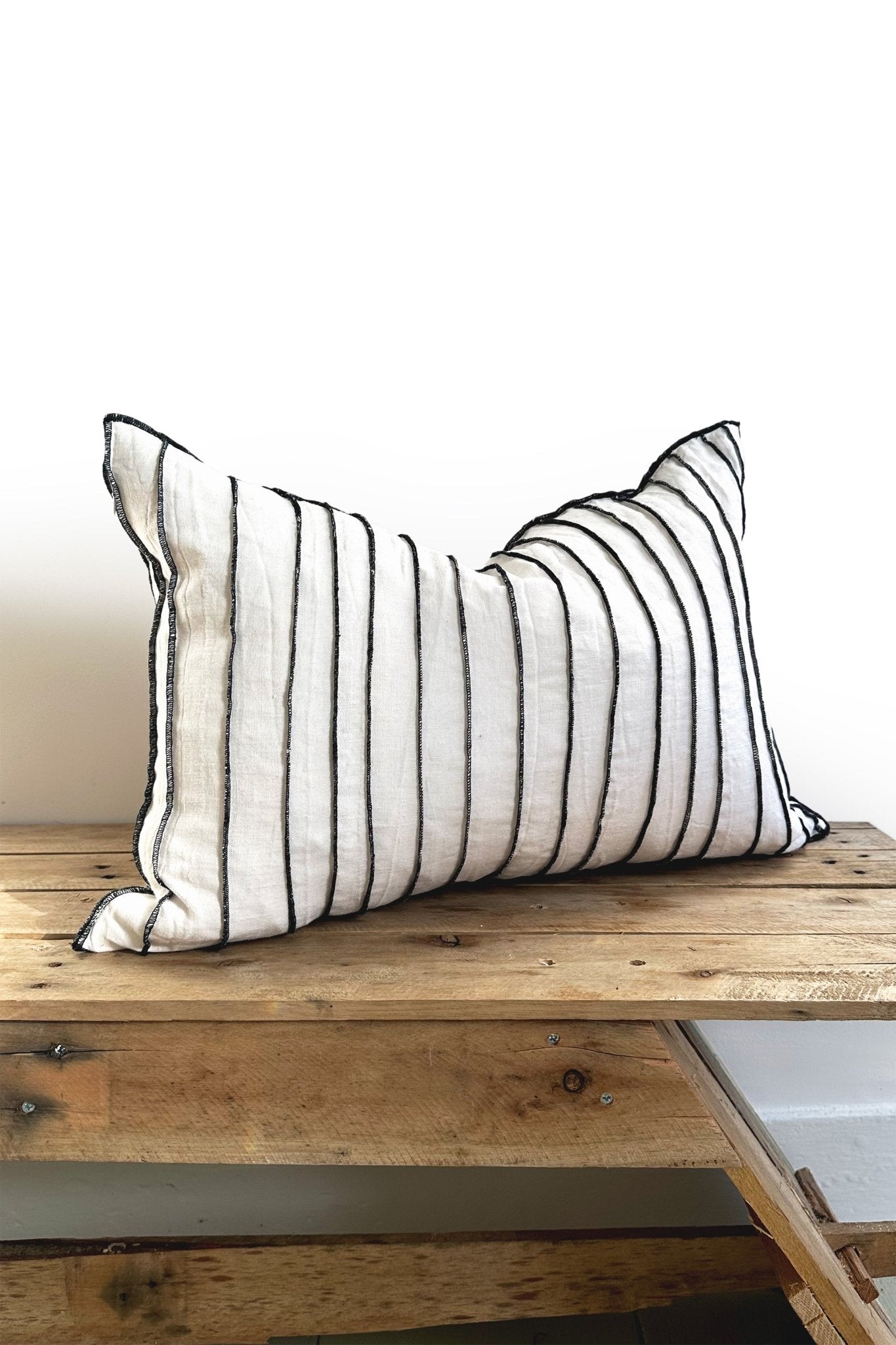 White Linen Lumbar Cushion With Vertical Black Pinstripes - Biggs & Hill - Cushion Covers - 16 inch - 40cm - 60cm